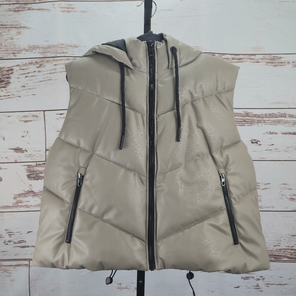 Zara Faux Leather Puffer Vest Hooded Tan Size Large - Picture 1 of 7
